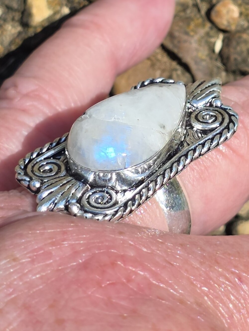 Rainbow Moonstone Ring In Gorgeous 925 Sterling Silver Setting (Adjustable)